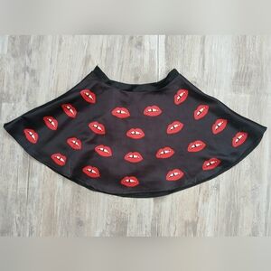 ​By H Black Skater Mini Skirt Red Lips Print Satin Look Women's Small